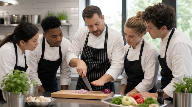 A head chef demonstrates knife skills to four culinary students in a bright professional kitchen, ideal for cooking school, teamwork, and hospitality training promotions.
