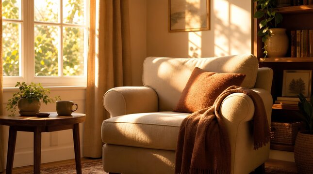 A sunlit cozy living room with cream armchair, rust pillow and throw, plants, books, and tea by the window, ideal for home decor and wellness marketing.