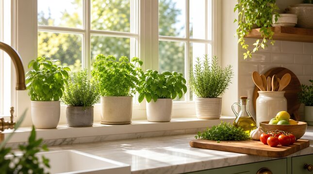 Sunlit kitchen windowsill with potted basil, rosemary, and fresh produce on the counter, ideal for home cooking, gardening, and wellness content.