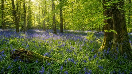 Obraz premium A sunlit woodland carpeted with bluebells, mossy logs, and fresh green foliage creates a tranquil spring nature scene for travel, wellness, or conservation promotion.