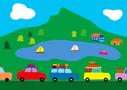 Child's drawing of cars in a traffic jam on the way to holidays