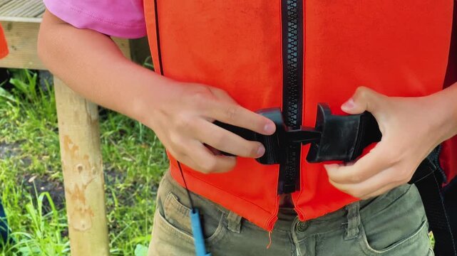 Close-up of a child zipping up a bright orange life jacket outdoors, preparing for water safety during summer boating or sports.