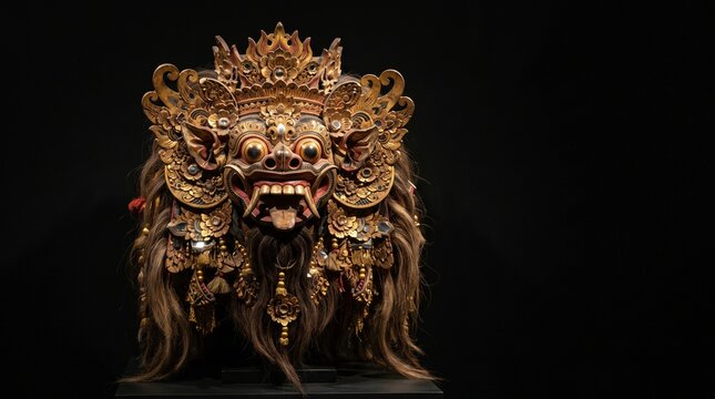Traditional Balinese Barong Mask with Intricate Gold and Red Wood Carving