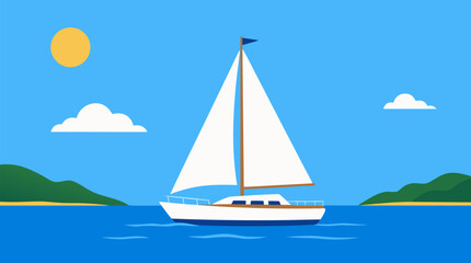 Fototapeta premium Vibrant Flat Vector Illustration of a Classic White Sailboat Gliding Across Calm Azure Ocean Waters Under Bright Sunny Blue Skies With Fluffy White Clouds and Lush Green Coastal Hills, Perfect for