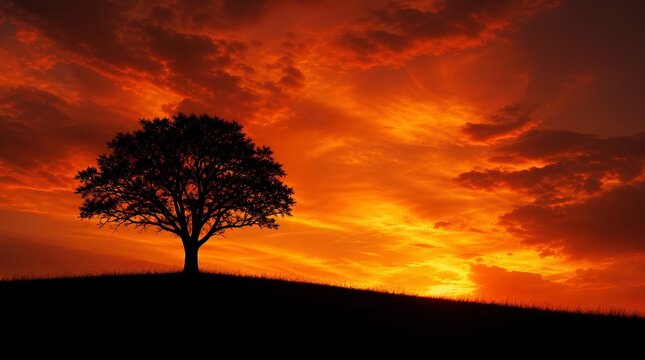A lone tree stands in silhouette on a grassy hill beneath a fiery orange sunset sky, ideal for nature, solitude, environmental, or inspirational campaigns.