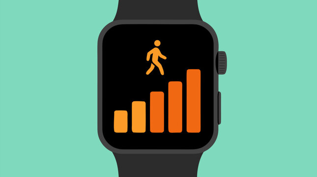 Smartwatch Fitness Tracker Device Screen Showing Step Counter with Walking Person Icon and Ascending Activity Bar Chart in Orange Tones on Black Display, Modern Wearable Technology Health Monitoring