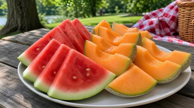 A platter of watermelon and cantaloupe slices sits on a picnic table in a sunny park, perfect for summer picnic, healthy eating, or outdoor catering promotions.