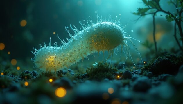 Microscopic amoeba moves through dark aquatic environment. Single cell organism hunts for food in water. Glowing microbe shows complex biological membrane structure. Tiny protist searches for organic