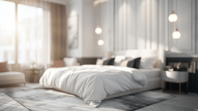 Fundo desfocado de um quarto de hotel moderno e luxuoso com cama grande, luz da manh&atilde; e espa&ccedil;o para texto.