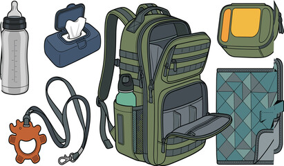 Tactical diaper bag backpack illustration with baby essentials including bottle, wipes, teether, and changing pad © RANIBALA