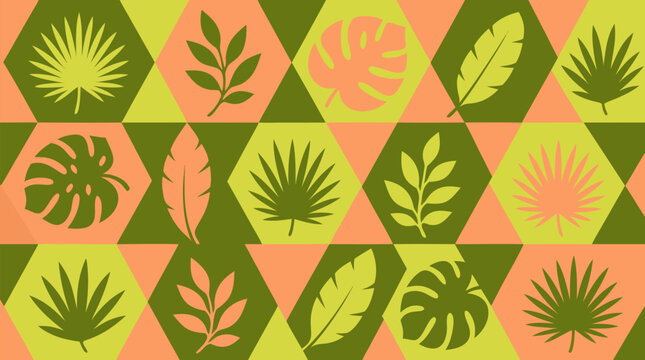 Summer Tropical Geometric Ornament with Interlocking Hexagons and Triangles Featuring Monstera and Palm Leaf Silhouettes in Olive, Lime and Peach Colors, Seamless Botanical Vector Pattern Design