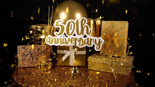 Gold 50th Anniversary Wording with Gold Glitter Confetti Sparkles with Gifts Message Text