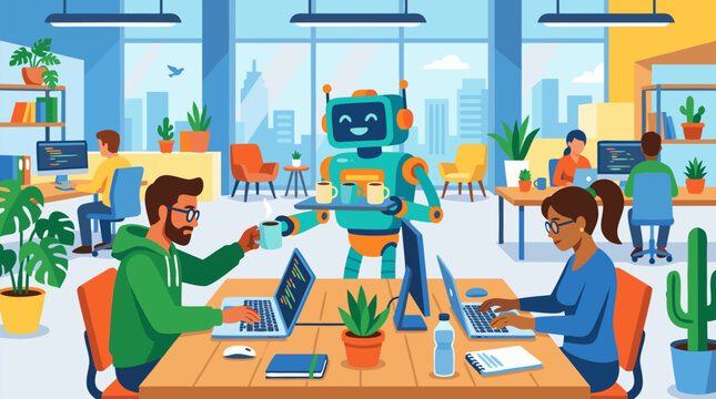 A friendly teal robot serves hot coffee on a tray to focused software developers working on laptops in a bright, modern open-plan office with large windows, city views, and potted plants.
