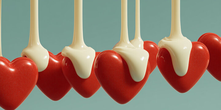 Row of red heart-shaped candies being drizzled with white chocolate, evoking a sense of love and sweetness