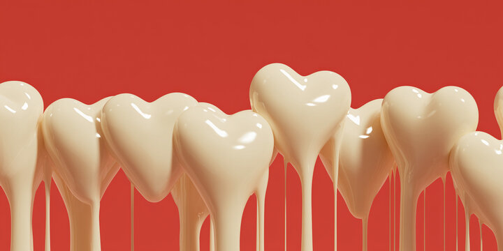 A row of heart-shaped candies covered in white chocolate, with excess chocolate dripping down, set against a vibrant red background