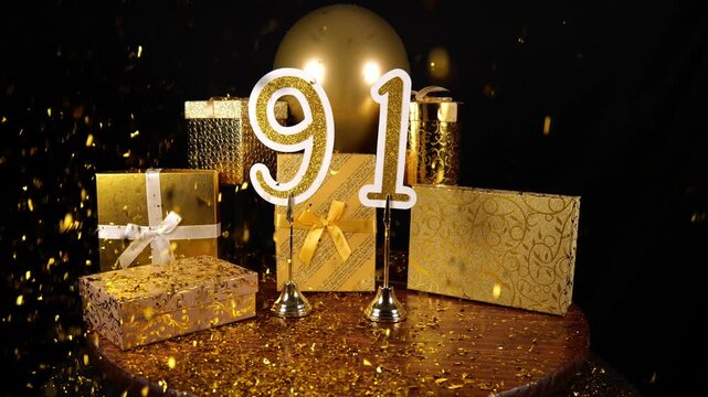 Gold Number 91 with Gold Glitter Confetti Sparkles with Gifts and Balloons for Party Ninety One