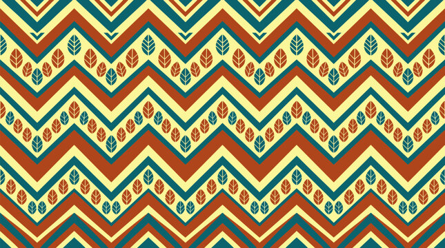 Geometric Chevron Seamless Pattern with Autumn Leaves in Rust Teal and Pale Yellow. Tribal Ethnic Zigzag Background with Botanical Elements for Fabric Design, Textile Print and Wallpaper.