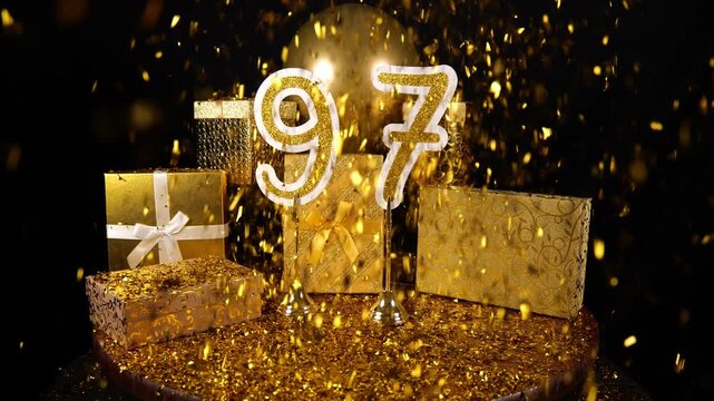 Gold Number 97 with Gold Glitter Confetti Sparkles with Gifts and Balloons for Party Ninety Seven