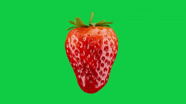 Turning Juicy Red Strawberry fruits Isolated on Green Screen for Commercials, Fruit food loop concept. 3D animation.