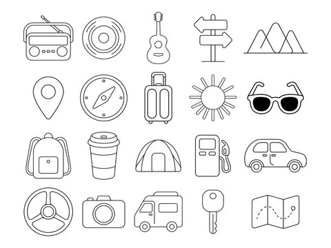 Travel and Outdoor Essentials Illustration Set with Camping, Navigation and Transportation