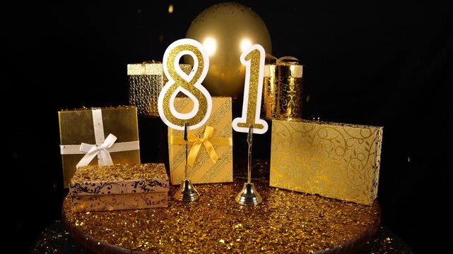 Gold Number 81 with Gold Glitter Confetti Sparkles with Gifts and Balloons for Party Eighty One