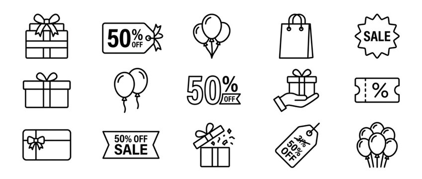 Gift Boxes, Balloons, Sale Tags, Shopping Bag, Discount Icons Set