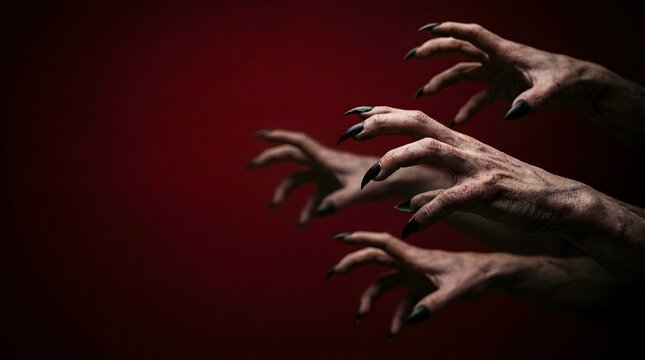 Creepy zombie hands reaching out in the dark