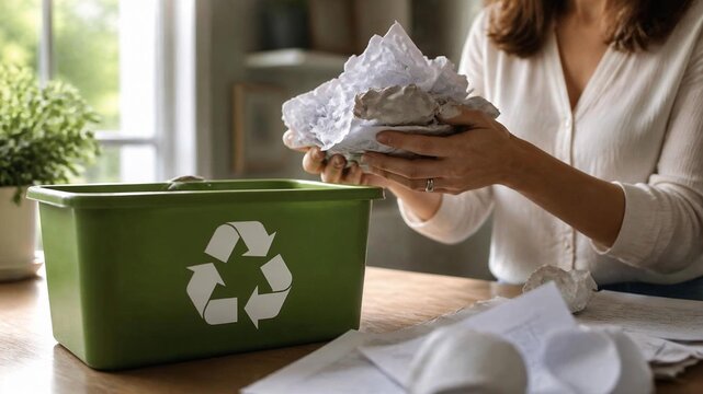 Person placing crumpled paper into a recycling bin marked with the recycling symbol in a bright home environment. The image represents responsible waste disposal, recycling practices, environmental aw