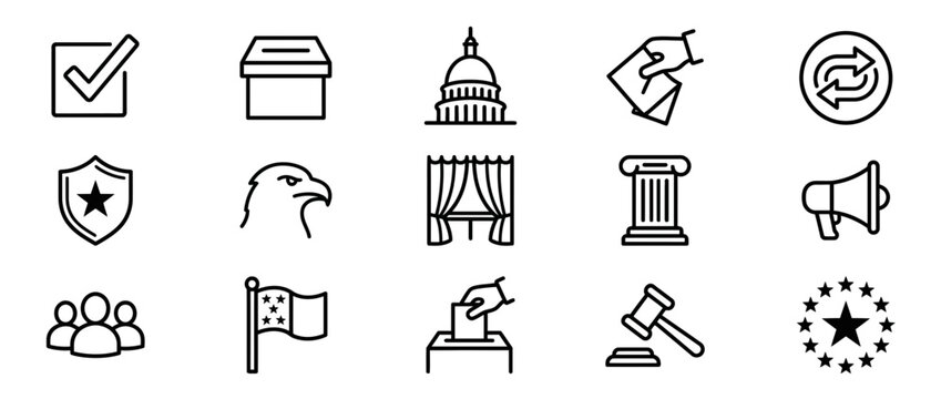 Government and Election Icons: Voting, Justice, Law, and Democracy Symbols