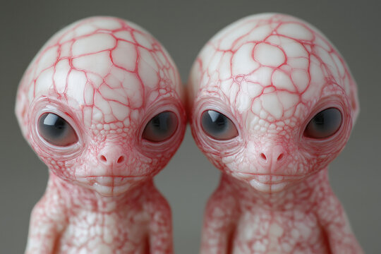 creatures of ai, two alien babies with patterned skin and large eyes, hairless, made of porcelainetwins, duo, photorealistic