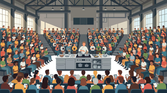Professional chef demonstrating culinary techniques to a large, attentive audience in a spacious event hall.