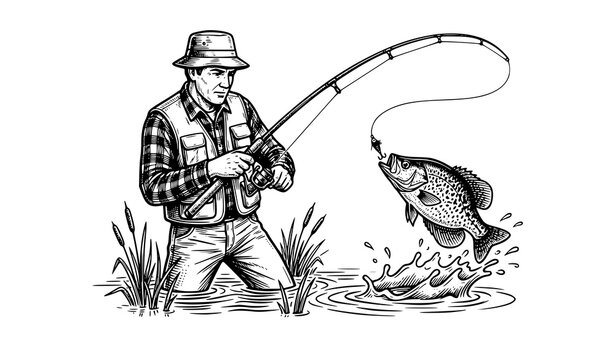 Angler with Bucket Hat Wading in Marsh Water Reeling In a Jumping Crappie or Panfish Hand Drawn Vector Illustration for Freshwater Sport Fishing Designs