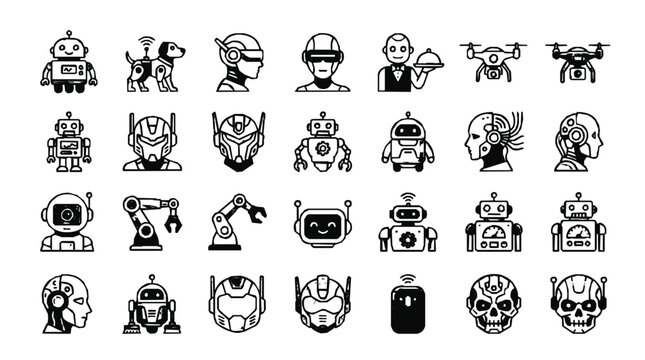 Futuristic robot icons set, 28 black and white android vector elements, artificial intelligence and automation technology symbols for UI design