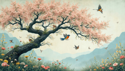 Obraz premium Blooming cherry tree with pink flowers in spring garden. Diverse colorful birds fly, sit on branches. Scenic nature landscape features soft mountains background. Ornate vintage style drawing with
