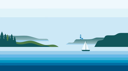 Naklejka premium Minimalist Vector Seascape with Sailboat and Lighthouse on Misty Mountain Coastline. Flat Design Ocean Landscape in Blue Gradient, Perfect for Modern Design Projects and Wall Art.