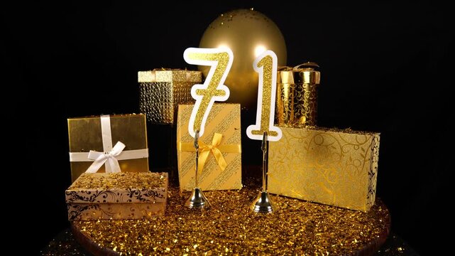 Gold Number 71 with Gold Glitter Confetti Sparkles with Gifts and Balloons for Party Seventy One