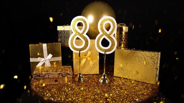Gold Number 88 with Gold Glitter Confetti Sparkles with Gifts and Balloons for Party Eighty Eight