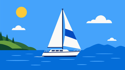 Fototapeta premium Vibrant Vector Sailboat Illustration on Calm Blue Ocean Under Sunny Sky with Clouds, Green Hills and Mountains, Summer Travel Vacation Nautical Design, Flat Style