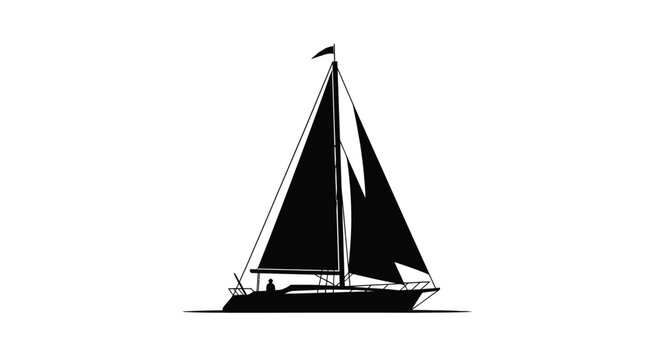 Silhouette of a sailboat with a single person visible on the deck