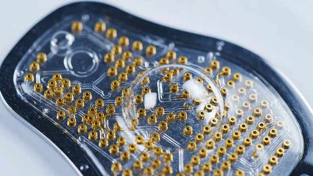 Macro Shot Of Tiny Gold Sensor Nodes Arranged Under A Transparent Circuit Board In A Studio Setting