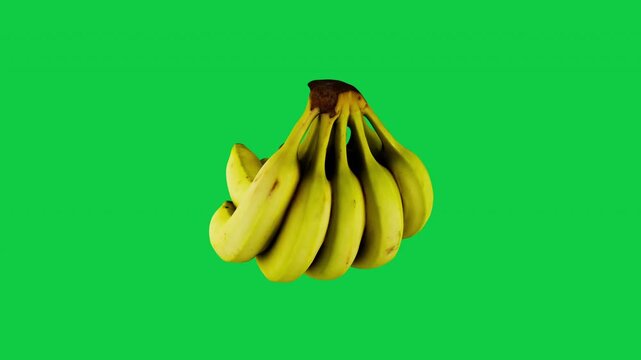 Turning Yellow Banana with Stem Isolated on Green Screen. Fruit food loop concept. 3D animation.