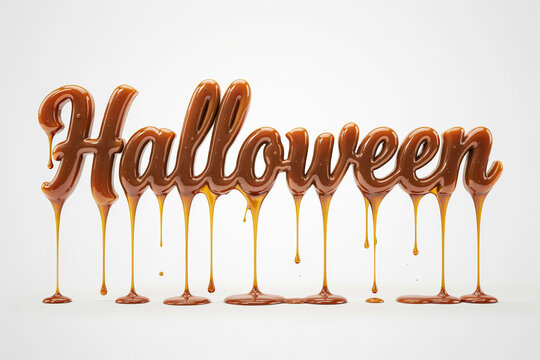 Dripping caramel Halloween lettering with melted glossy 3D script on white background