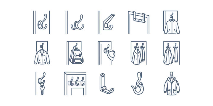 Set of hand drawn sketch coat hooks and clothing icons.
