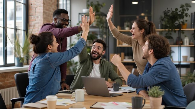 Diverse coworkers celebrate a successful meeting with high fives around a laptop in a modern office, ideal for teamwork, startup culture, and collaboration campaigns.