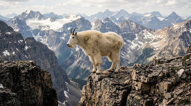 A shaggy white mountain goat stands on a rugged cliff above snow streaked alpine peaks, suited for wildlife, adventure travel, and conservation promotions.