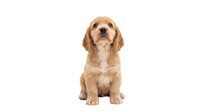 Adorable golden cocker spaniel puppy sitting patiently and looking up