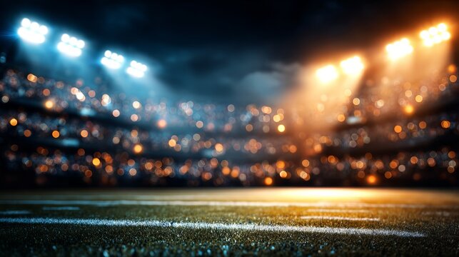 A vibrant, blurred stadium at night with bright lights, cheering crowds, and a green field, capturing the excitement of a live game