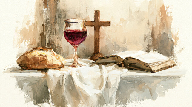 A loaf of bread, a glass of red wine, and an open book sit on a white tablecloth with a brown cross in the center, all painted in soft watercolor tones