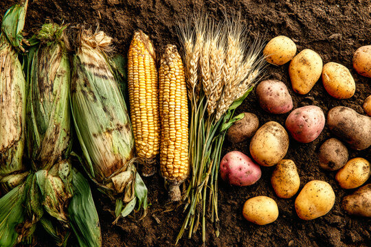 Freshly harvested corn cobs and wheat ears are arranged on dark soil with scattered potatoes of different types. A rustic scene showing farm produce