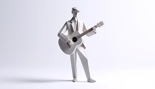 Minimalist 3D low poly illustration of a man in a suit playing acoustic guitar